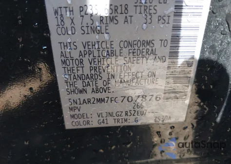 2015 Nissan Pathfinder Sl из США, поврежденный, VIN 5N1AR2MM7FC707876